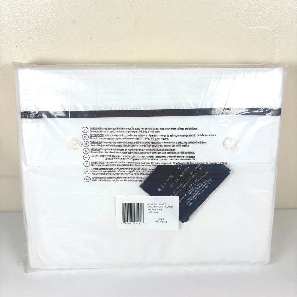 Ralph Lauren Percale‎ King Flat Sheet Loft Gray Trim Organic Cotton Neutral NEW